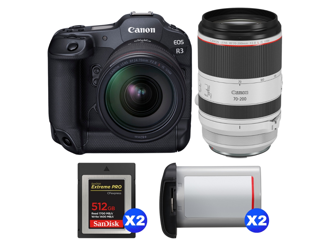 Canon Eos R3 + Rf 24-70mm F/2.8 L Is Usm + Rf 70-200mm F/2.8 L Is Usm + 2 Sandisk 512gb Extreme Pro Cfexpress Type B + 2 Canon L + Ebook Pricedirect