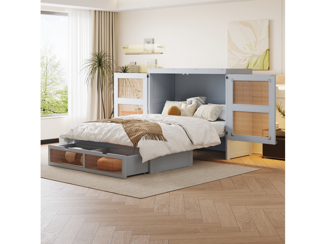 Cama Murphy 140 X 200 Cm, Cama De Pared, Con Cajones De Almacenamiento, Diseño De Ratán, Gris