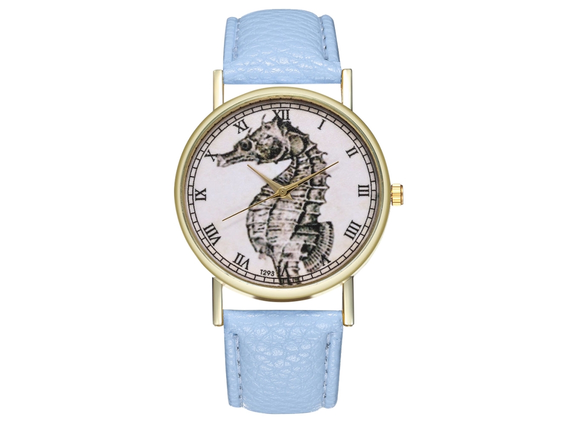 Reloj De Pulsera Analógico De Cuarzo Zhoulianfa Con Patrón De Caballo Marino Azul Claro Para Mujer Y Hombre