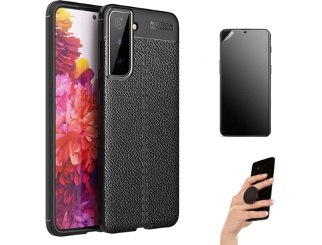 Kit Carcasa Y Protector Samsung S21 Plus Ultimatte Rugged Leather Y Popsocket Negro