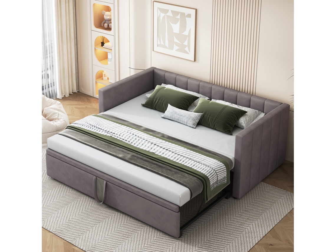 Sofá Cama De 90/180x200 Cm, Terciopelo Gris, Extensible, Con Somier De Láminas, Que Ahorra Espacio.