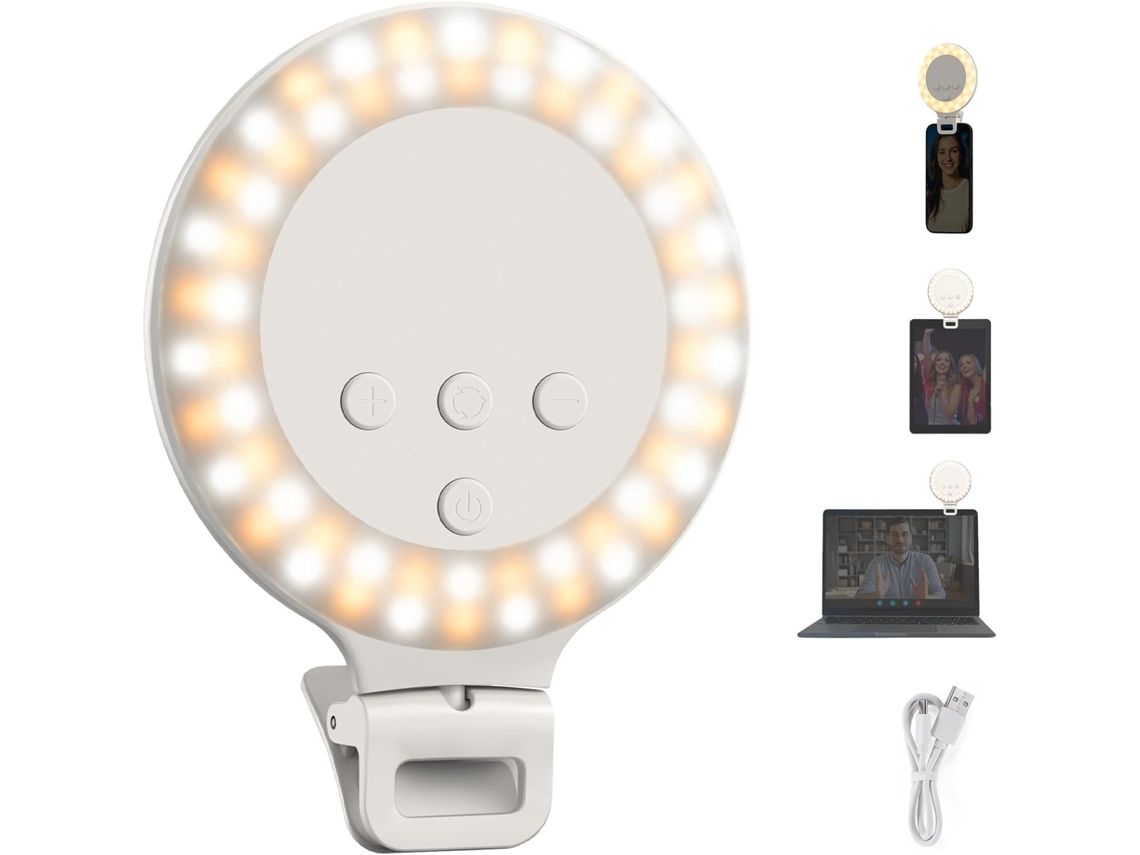 Aro de luz, 3 W, con clip para iluminación de selfies en teléfono móvil, portátil, escritorio, ordenador, cámara web, videoconferencias Bisbisous (blanco)