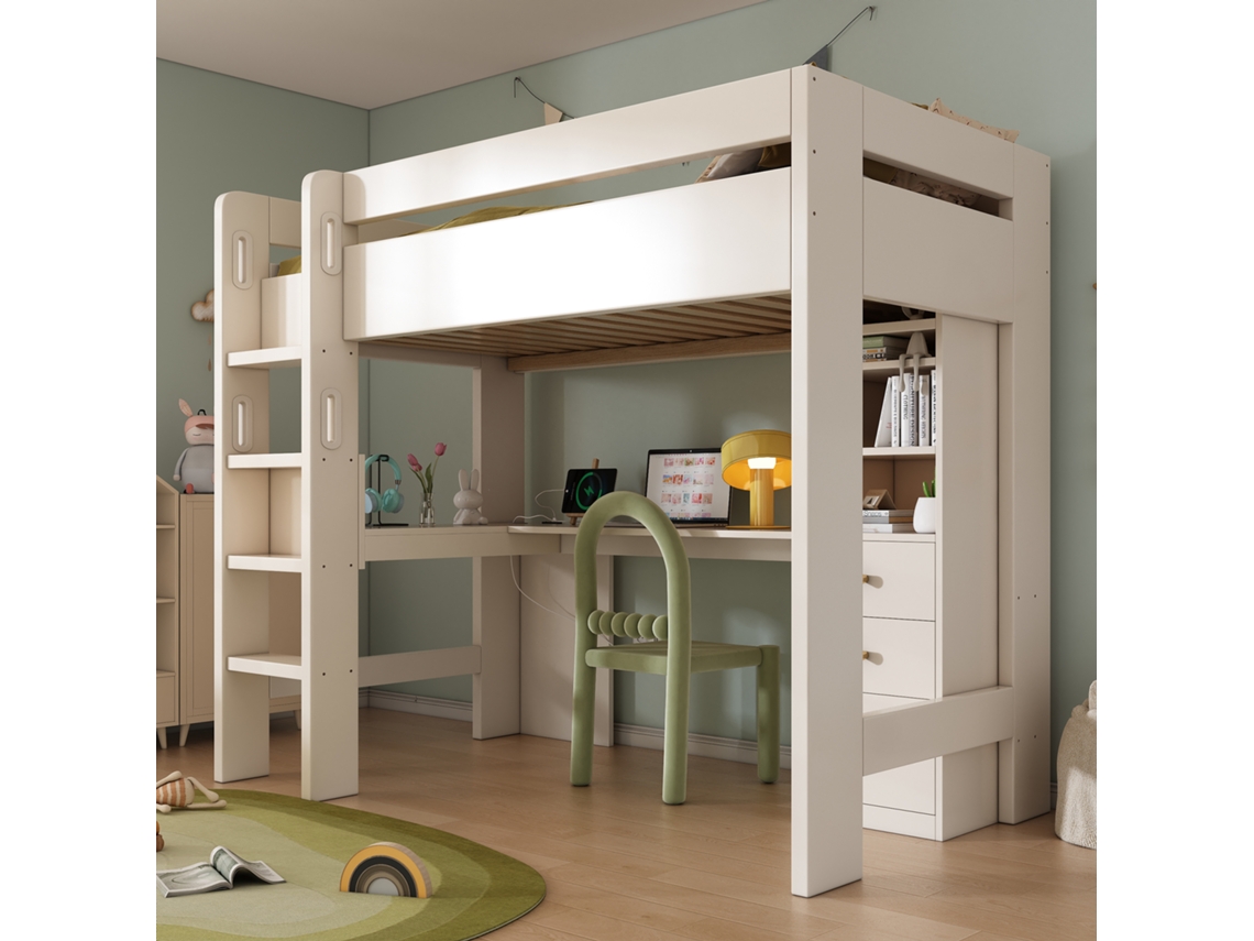 Cama alta con escritorio en L, baldas y cajones con zona de carga USB/Tipo C, 90x200cm, sin colchón.