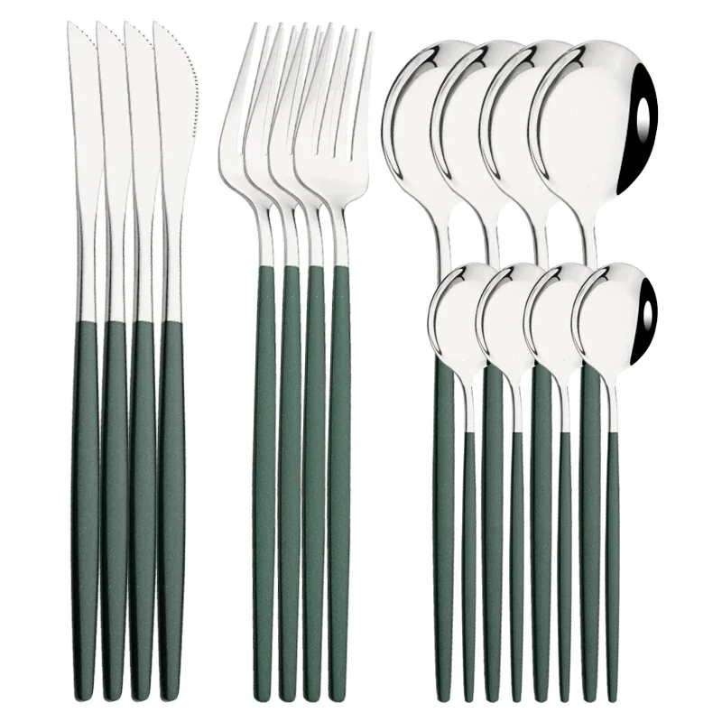 (color Plata Verde, Set De 16 Piezas) Vajilla De Acero Inoxidable Que Incluye Cuchillo, Tenedor Y Cuchara De Café Para Uso Doméstico