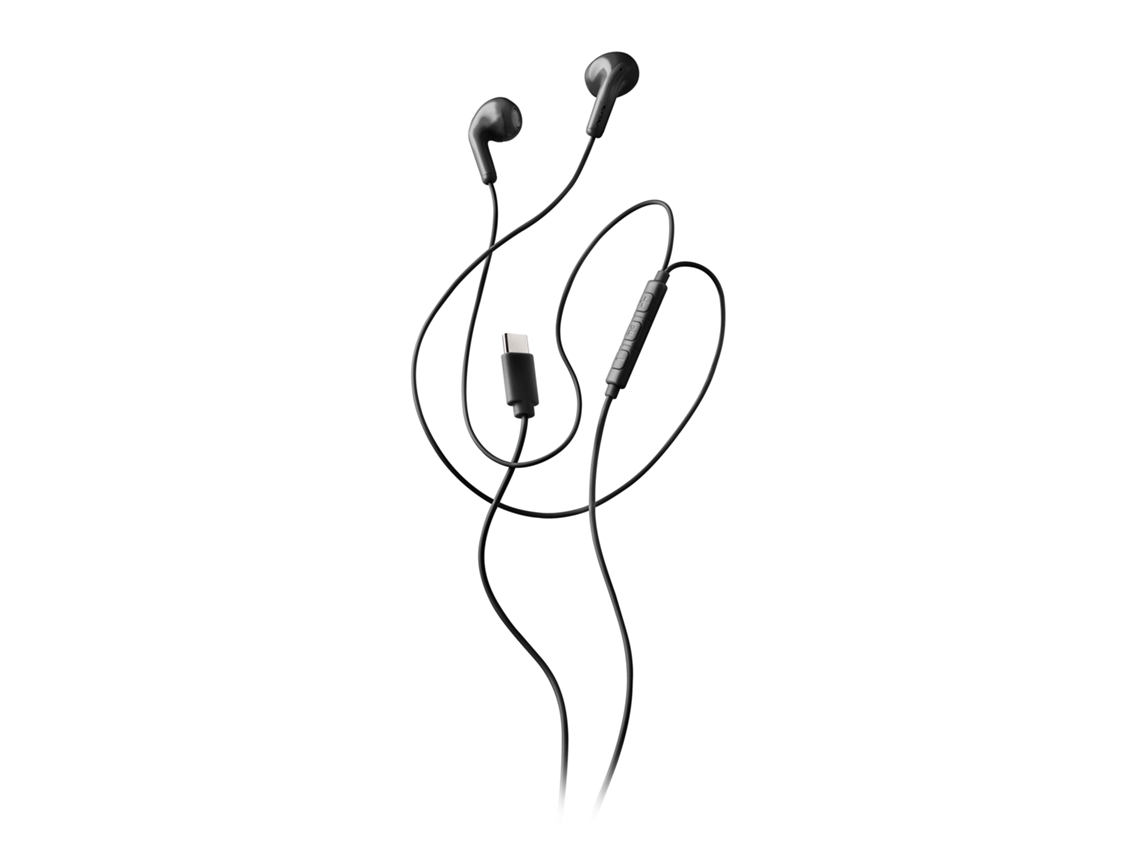 Audífonos Cross Glide negros de botón con micrófono y control de volumen. Botón multifunción y asistente de voz. Conexión USB C. Color negro. Ngs