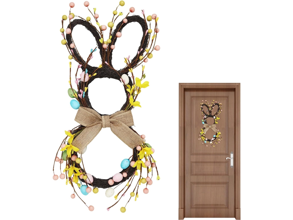 Corona De Conejito De Pascua | Con Lazo, Linda Decoración Para El Hogar, Corona De Primavera Para La Puerta Principal