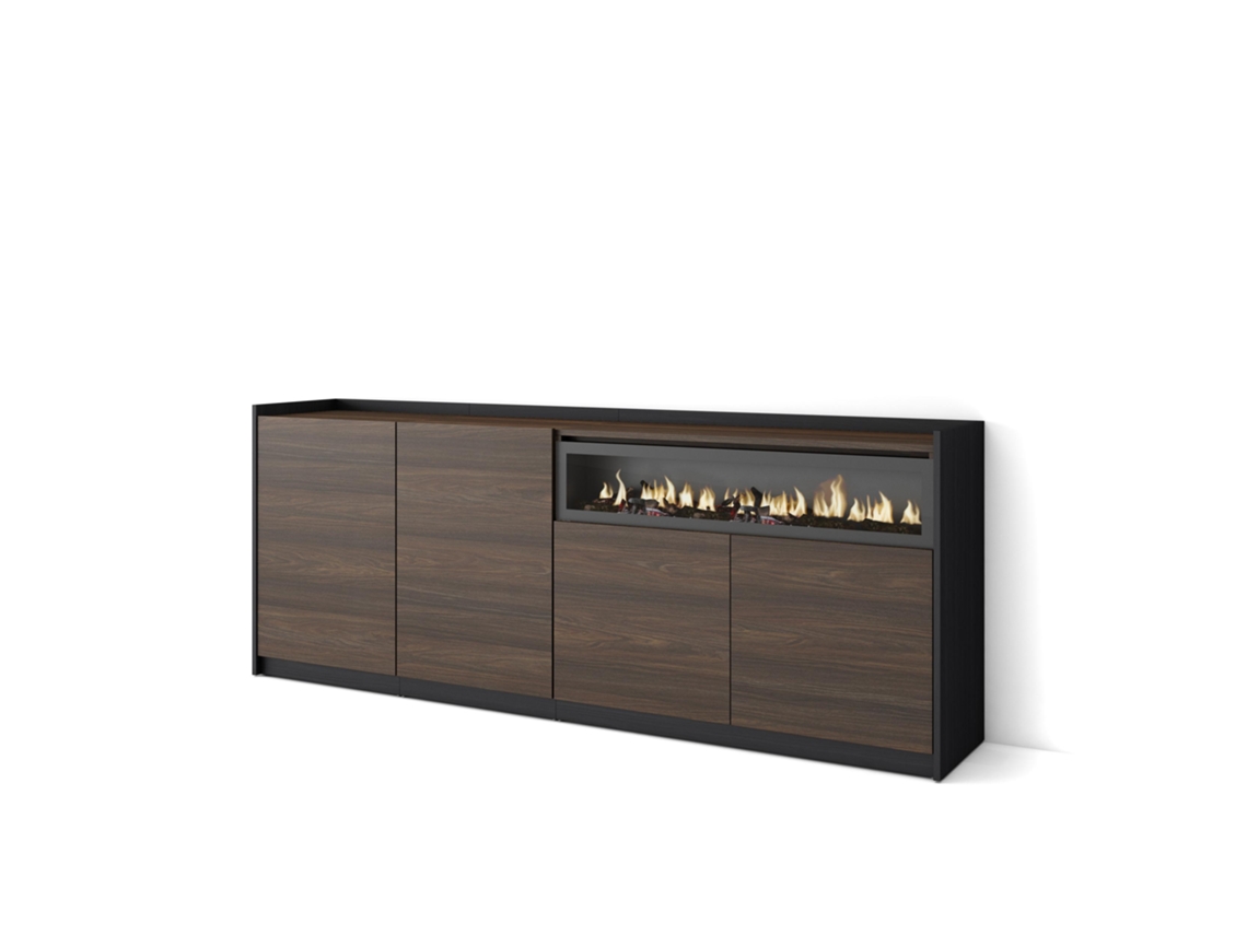 Aparador de comedor, 207x37x80cm, 4 puertas, chimenea eléctrica, roble oscuro y negro.