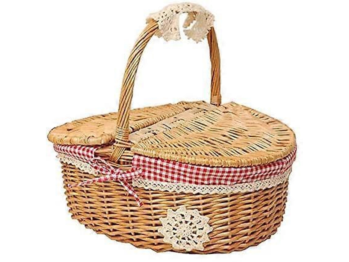 Cesta de picnic de mimbre tejido con tapa, estilo campestre, forro de algodón a cuadros rojos y blancos, regalo de picnic.