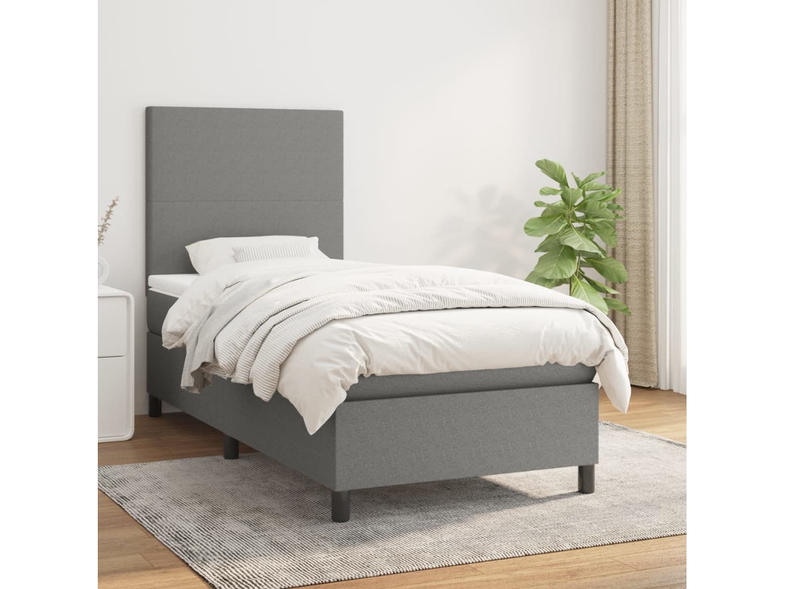 Cama Box Spring Con Colchón Tela Gris Oscuro 90x200 Cm