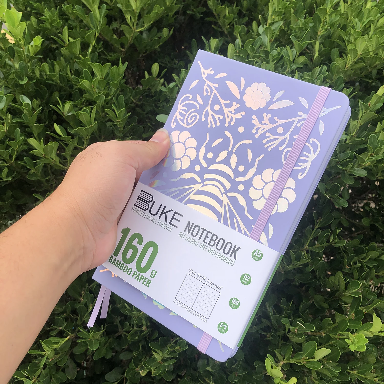 Cuaderno, papel grueso de celulosa de bambú blanco de 160 g/m², 112 páginas, matriz de puntos de 5 x 5 mm. Mdug (morado claro)