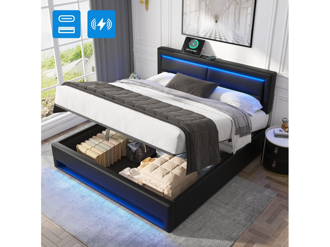 Cama De Poliuretano Negra De 140x200 Cm Con Led, Usb E Hidráulica.