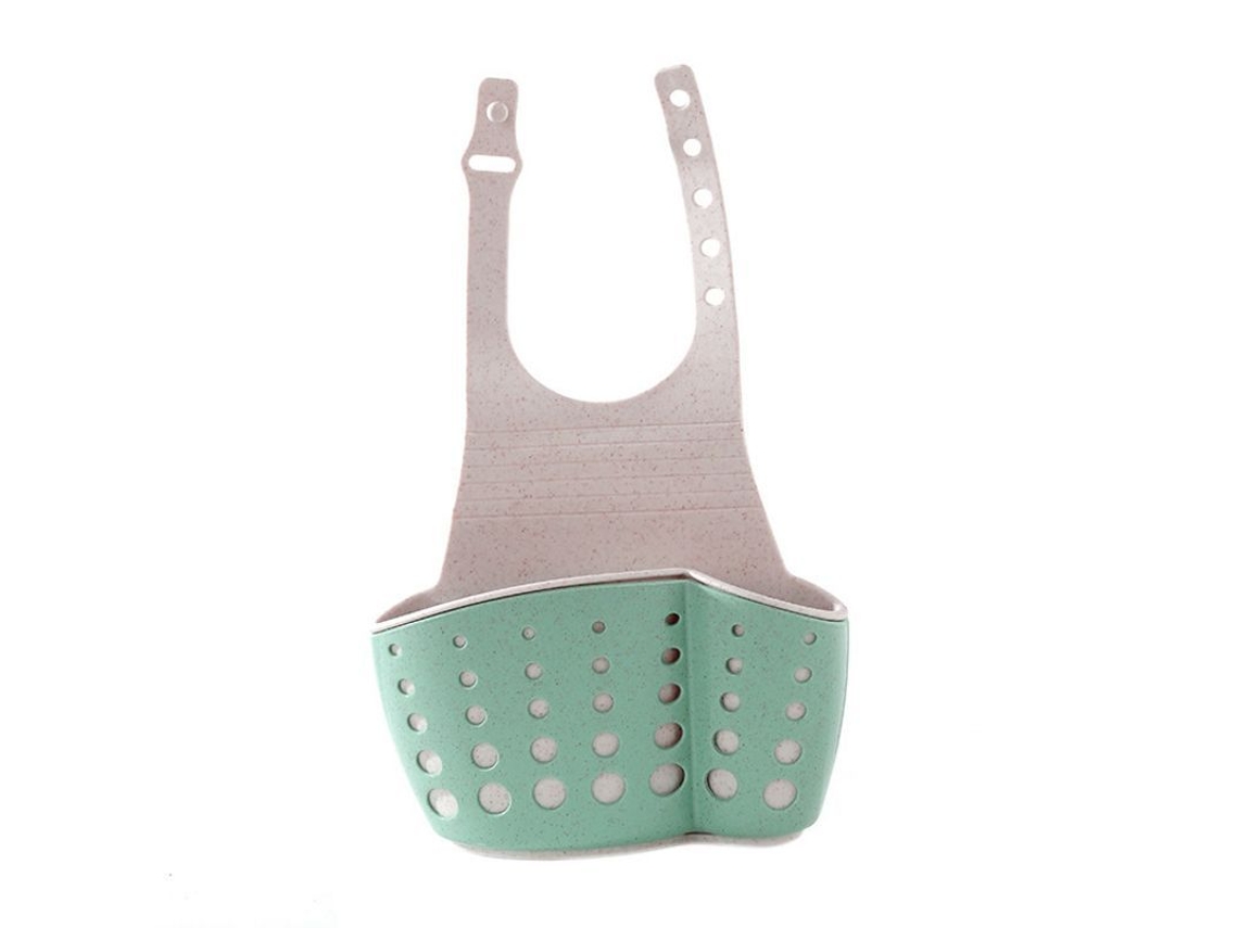 Organizador colgante para fregadero de cocina con diseño de doble capa para espuma, cepillo, jabón y toalla verde.