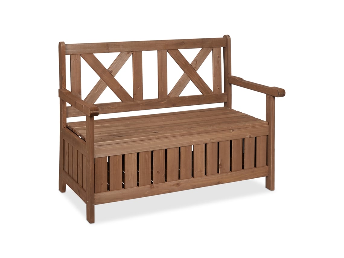 Relaxdays Banco Jardín Con Baúl, 2 Plazas, Madera Abeto, 85 X 115 X 60 Cm, Asiento Exterior Con Respaldo, Marrón Oscuro