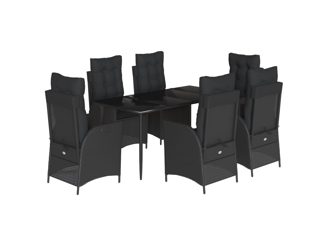 Juego de 7 piezas de comedor de jardín con cojines de mimbre, color negro, EXCLUSIVA DE LA CASA