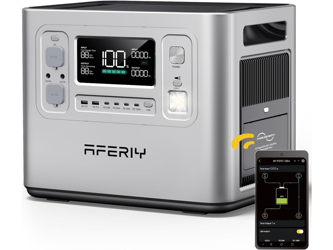 AFERIY Generador Eléctrico Portátil AFERIY 2400W, Batería LiFePO4 2048Wh, Carga Rápida, 13 Puertos de Salida, Pantalla LCD, Generador Solar