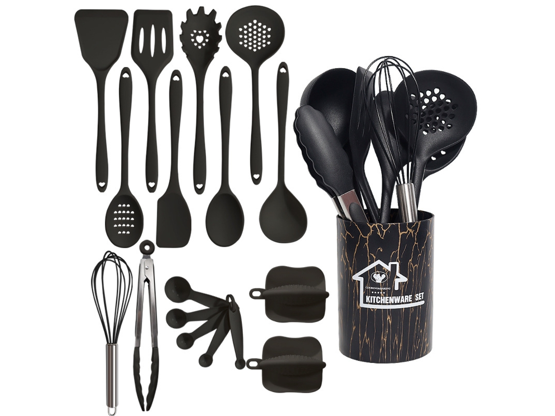 18 Peças Utensílios De Cozinha De Silicone Antiaderentes Resistentes Ao Calor Pretos GERTIZ