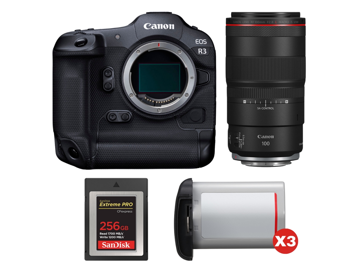 Canon Eos R3 + Rf 100mm F/2.8 L Macro Is Usm + 1 Sandisk 256gb Extreme Pro Cfexpress Type B + 3 Canon Lp-e19 + Ebook Pricedirect