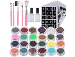 Kit De Tatuajes Con Purpurina Que Incluye 24 Tubos, 120 Plantillas, 2 Pegamentos Y 5 Pinceles Para Niños Y Adolescentes.