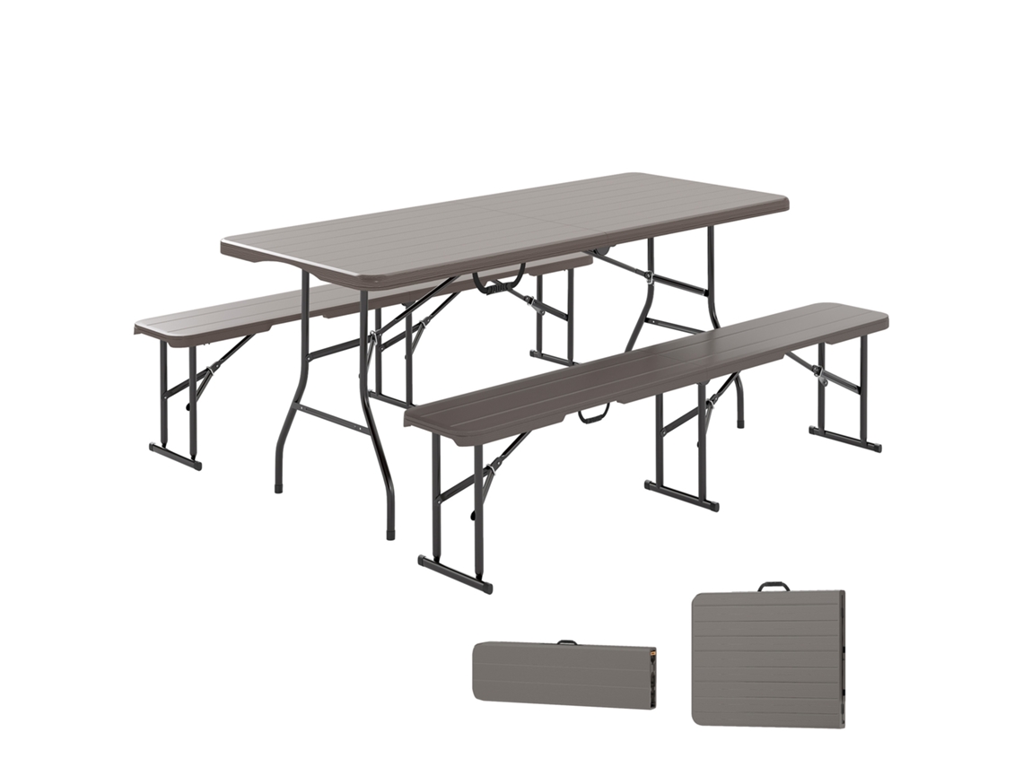Conjunto De Mesa Y Banco Plegables Para Camping, Imitación Madera, 180x74x74cm, Marrón.