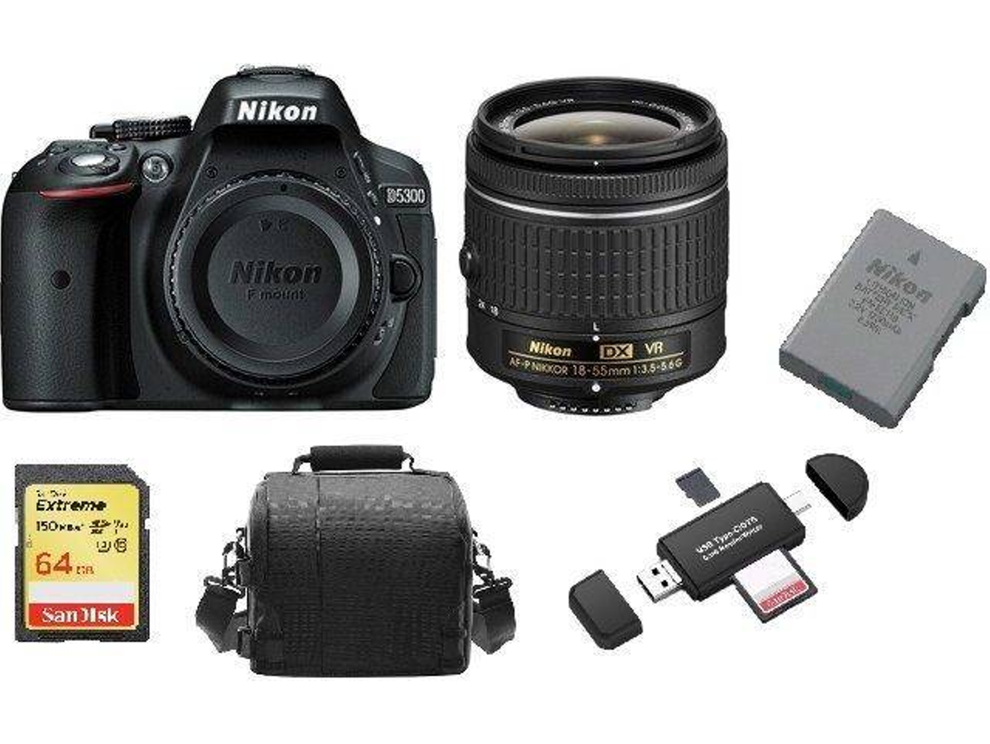 Kit Cámara Réflex NIKON D5300 AF-P 18-55MM F3.5-5.6G VR + 64GB SD + Bolsa + EN-EL14A + Lector de Tarjetas