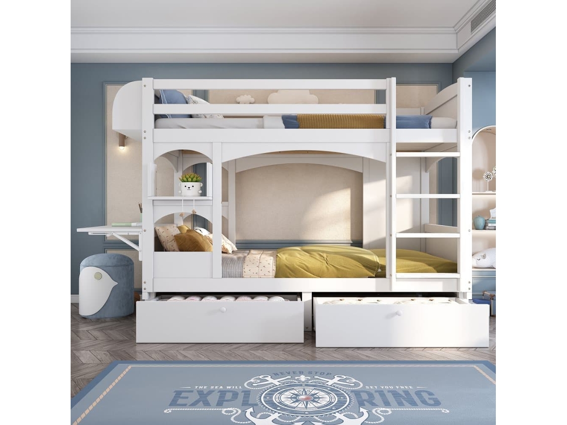 Cama Litera Infantil 90x200 - Multifuncional, Con Escritorio Plegable, Estante, Escalera Y 2 Cajones - Blanca