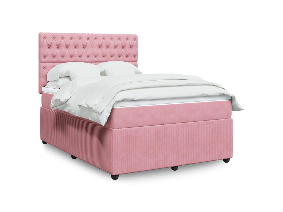 Cama Box Spring Con Colchón Terciopelo Rosa 160x200 Cm