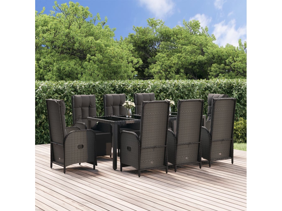 Juego de comedor de jardín de 9 piezas con cojines, mimbre sintético negro, DKD Home Decor
