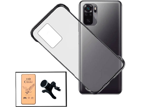 Kit Cristal Templado CeramicGlass Full Cover, Funda Invisible Bumper y Soporte Magnético de Coche Xiaomi Redmi Note 10s PHONECARE Transparente Negro