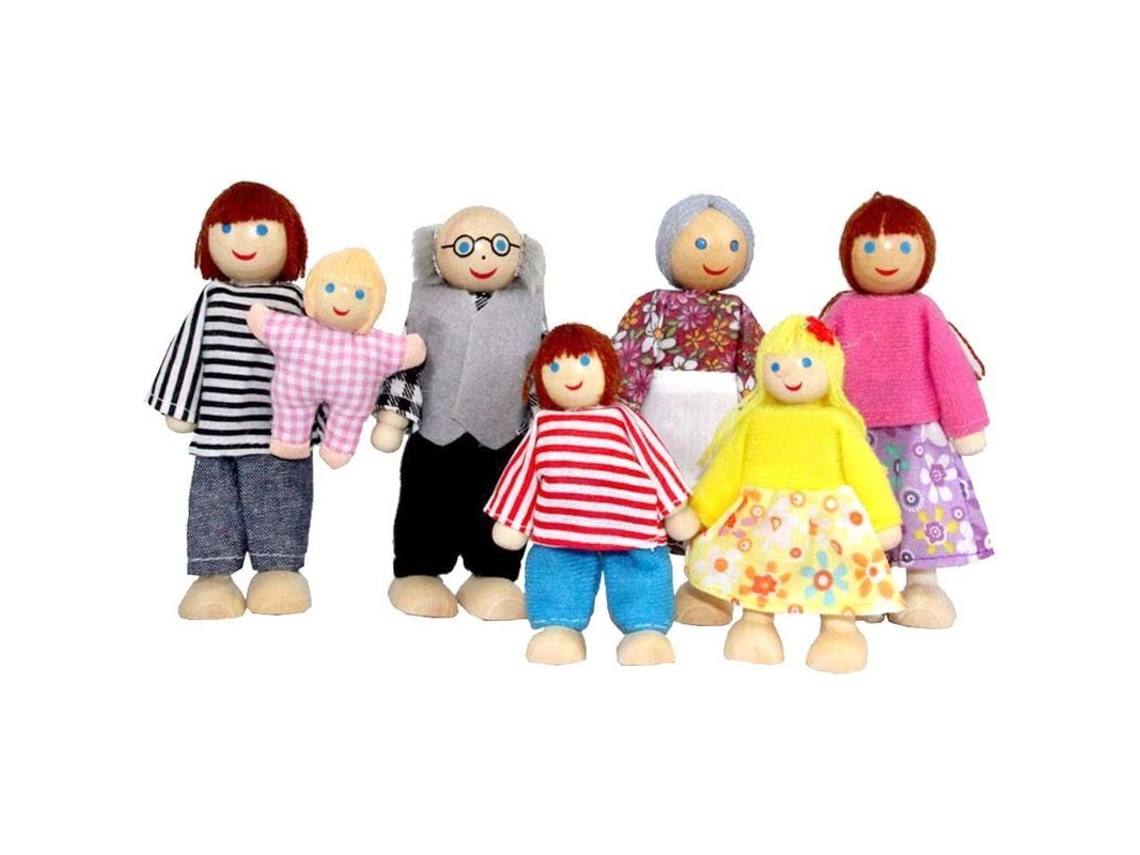 Muñecos De Madera Para Casa De Muñecas Con 7 Personajes: Abuelo, Abuela, Madre, Padre, Niños Y Bebé.