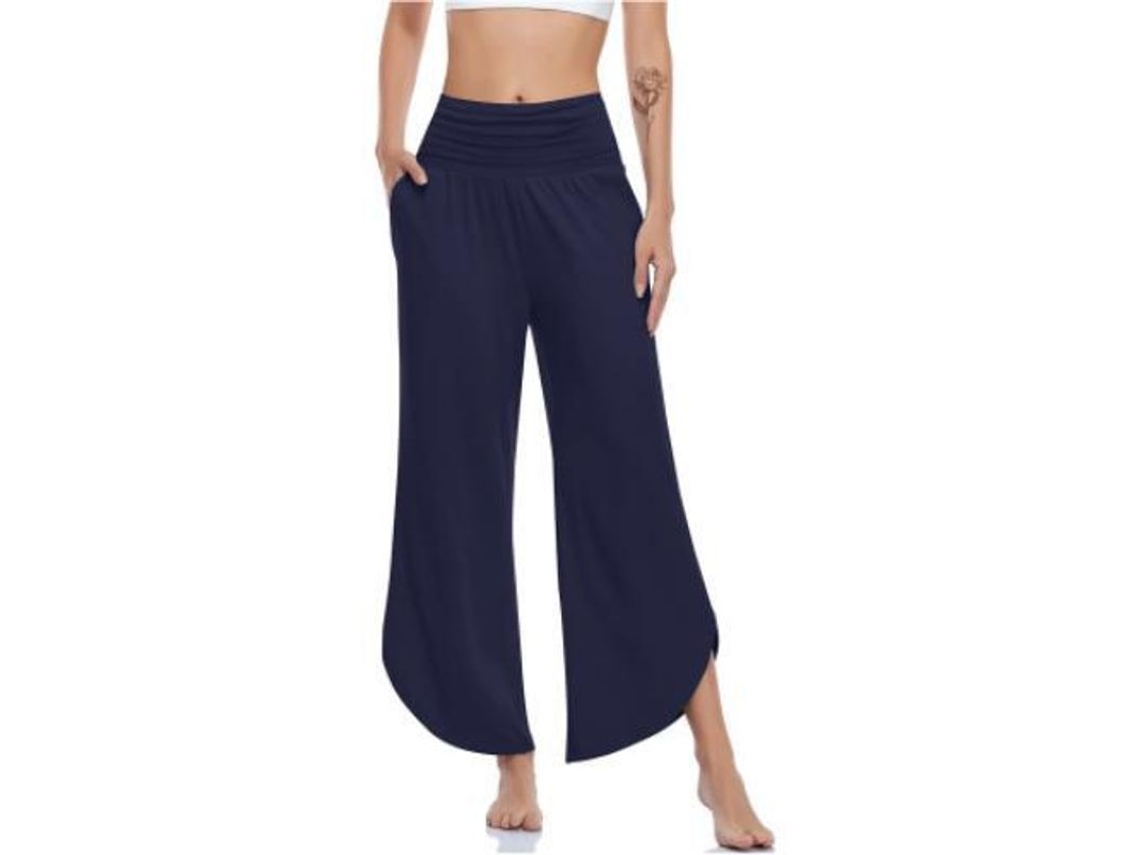 2026-pantalones De Yoga De Pierna Ancha Para Mujer De Cintura Alta Confortables Con Bolsillos L Azul Marino