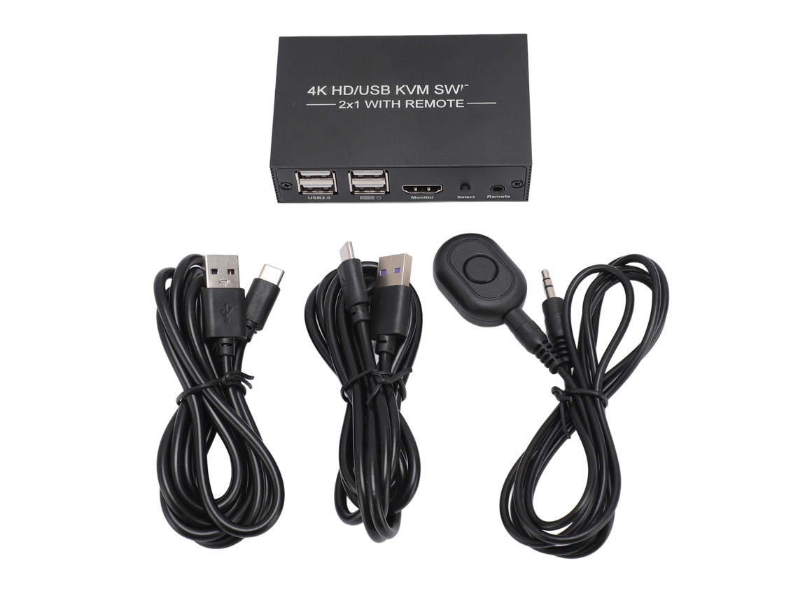 Conmutador Kvm Con 4 Puertos Usb 2.0, Compatible Con 2 Ordenadores Y 1 Pantalla Hd 4kx2k Mediante Cables Usb.