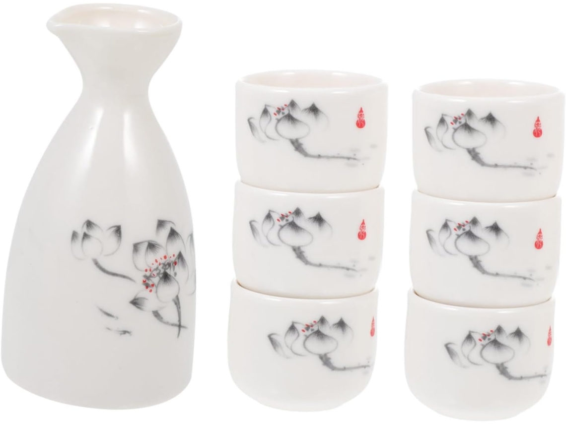 Juego De Sake De Cerámica Blanca De Estilo Japonés Que Incluye 1 Jarra, 6 Tazas Y Una Tetera.