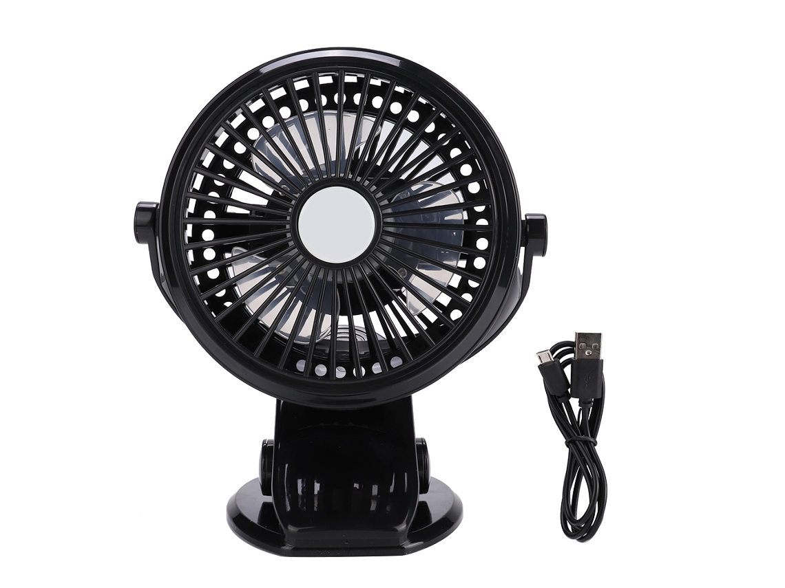 Ventilador de escritorio USB negro con clip y luz nocturna.