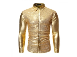 2026-camisa De Manga Larga Con Puntillas Y Estampado Dorado En Cuello Lapel Para Hombre Osn Xl Oro