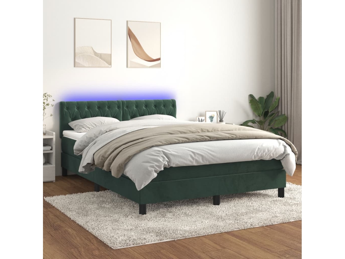 Cama Box Spring Colchón Y Led Terciopelo Verde Oscuro 140x200cm