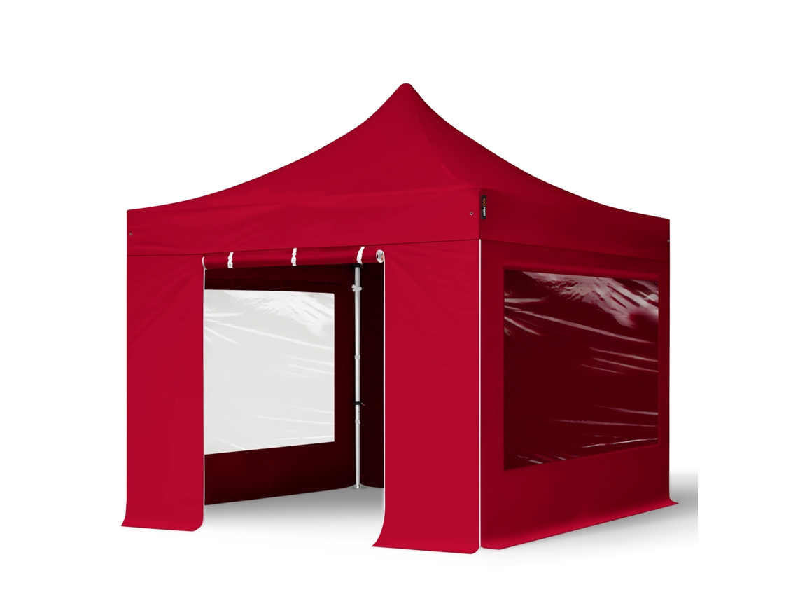Carpa plegable de 3 x 3 m, aluminio profesional de 40 mm, laterales con ventanas panorámicas, color rojo