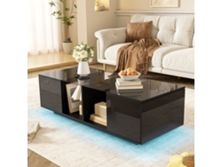 Mesa De Centro Con Led Multicolor - 2 Puertas Abatibles Y Estante De Cristal - Negro