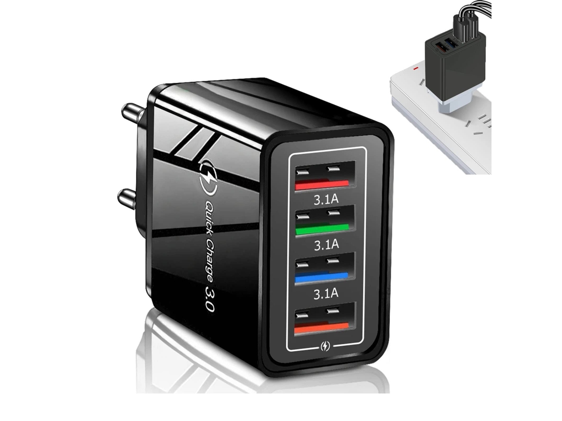 Carregador Usb-c 4 Portas, Compatível Com Qc 3.0. Funciona Com Celulares E Demais Aparelhos Eletrônicos. Cor Preta.