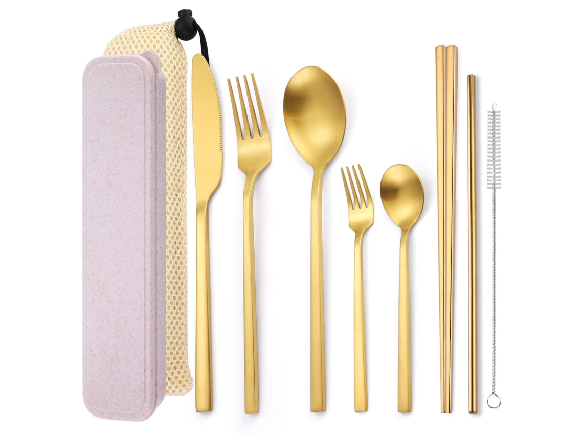 Juego de cubiertos portátil de acero inoxidable: 8 piezas con cuchillo, tenedor, cuchara, palillos y pajita RNEMITERY