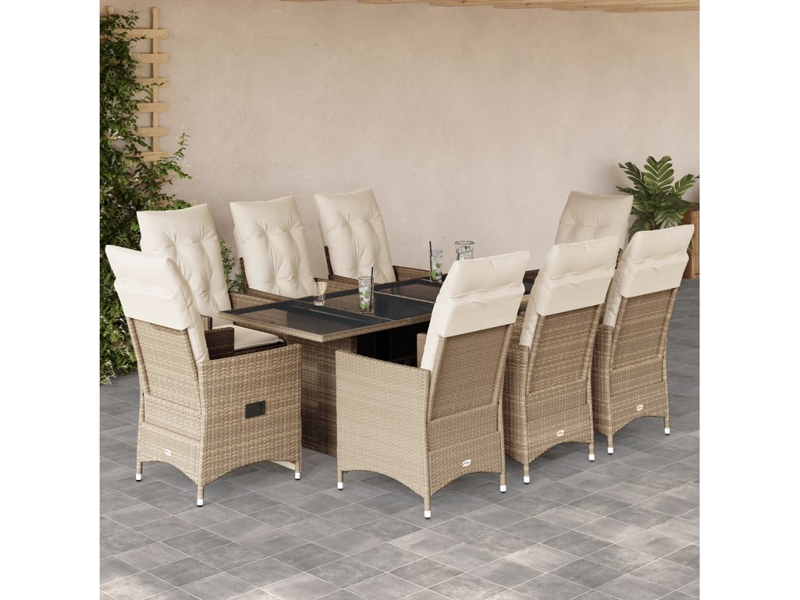 Juego de comedor de jardín de 9 piezas con cojines, mimbre sintético beige, DKD Home Decor