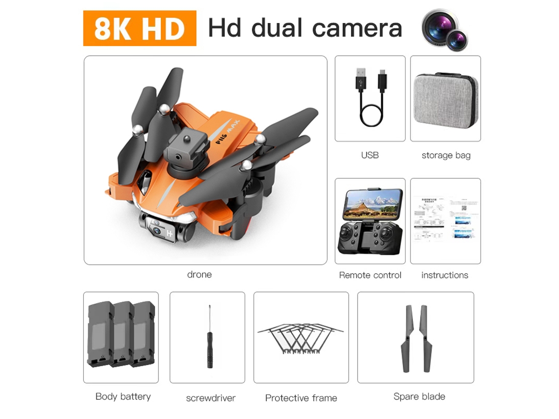 Dron plegable P11S con cámara dual de 8K Evitación de obstáculos de 360 (3 baterías - Duración de la batería: 20 min - Naranja) YIZHOOD