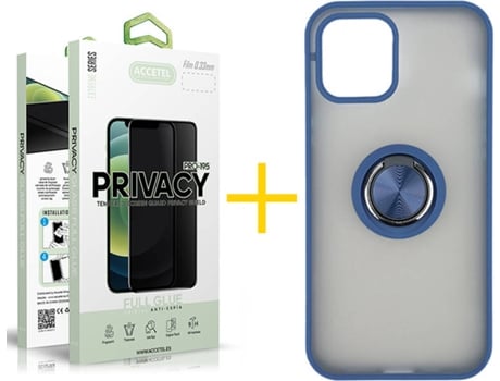 Carcasa + 1 Protector de Vidrio Anti-Spy iPhone 13 Pro Max ACCETEL Gel Bumper Ring Azul