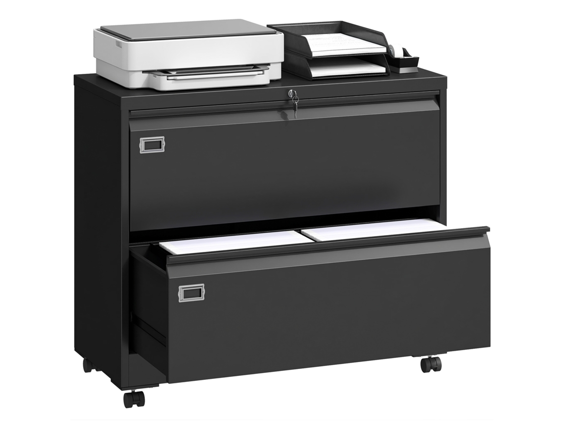 Archivador móvil con 2 cajones, cerradura, para carpetas y archivadores colgantes, 90x40x77,4 cm, negro.