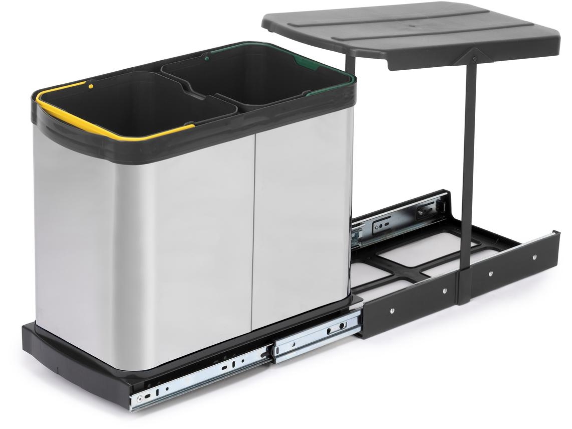 EMUCA Cubo de Basura para Montaje Inferior y Extracción Manual/Automática en Muebles de Cocina Reciclaje Inox 2X12Litros Plástico y Acero Inoxidable.