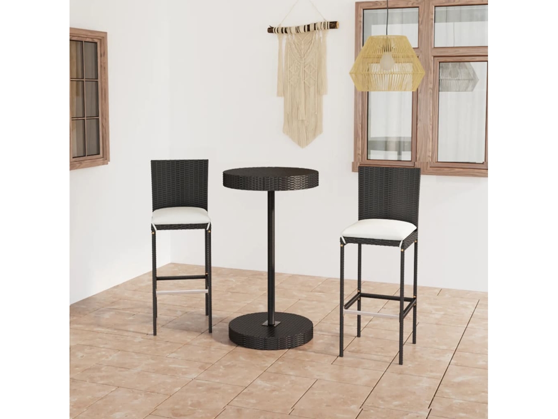 Conjunto de bar de jardín de 3 piezas con cojines de mimbre negros de DKD Home Decor
