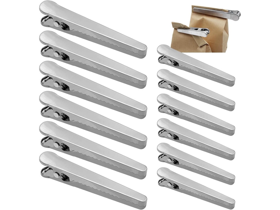12 Clips De Acero Inoxidable Reutilizables 8/11,5 Cm, Para Comida/café/pan