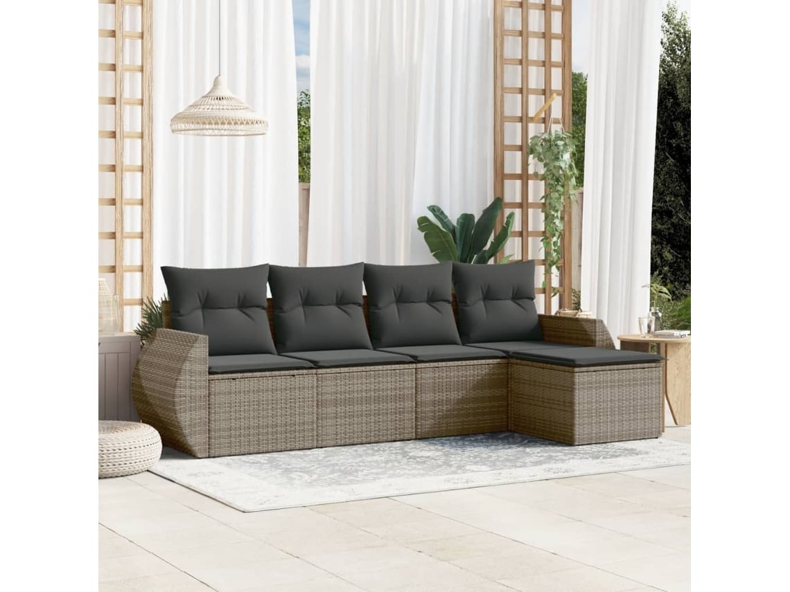 Conjunto de sofá de jardín de 5 piezas con cojines, ratán gris, DKD Home Decor