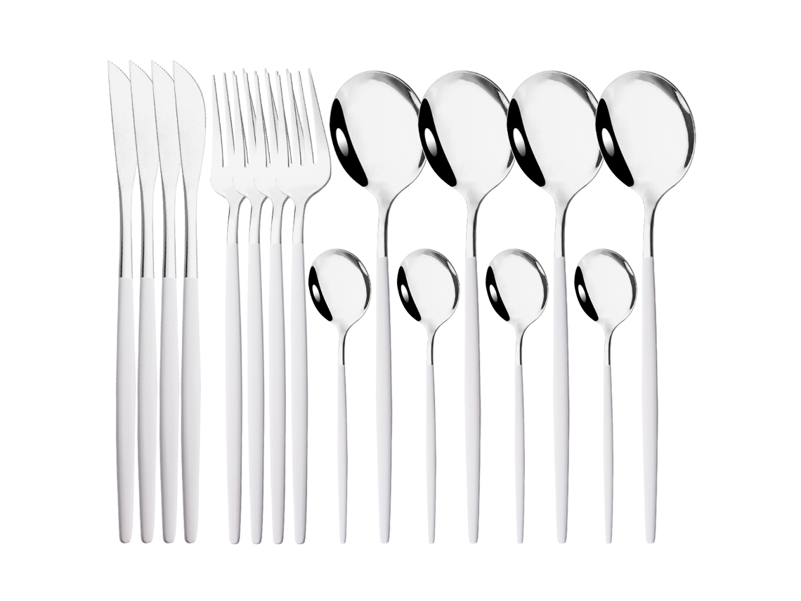 Juego de cubiertos de 16 piezas, acero inoxidable con acabado espejo, incluye tenedor, cuchara y cuchillo. Mdug (plata)
