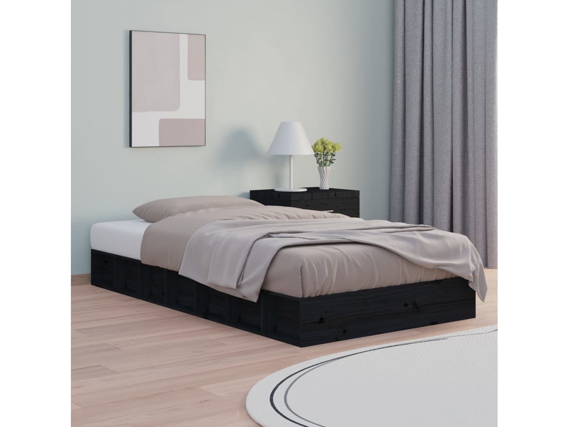 Estructura Cama Madera Maciza Individual Negro 75x190 Cm