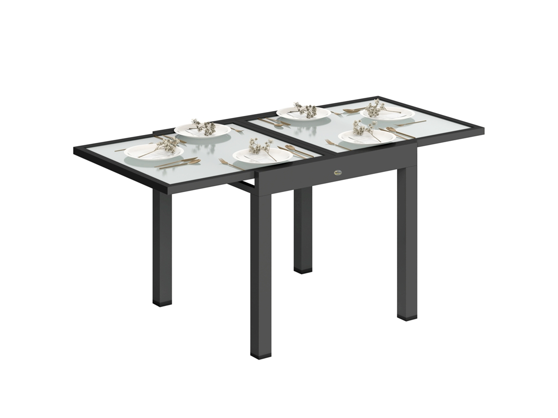 Mesa de jardín extensible de 160x80 cm, aluminio, cristal templado transparente.